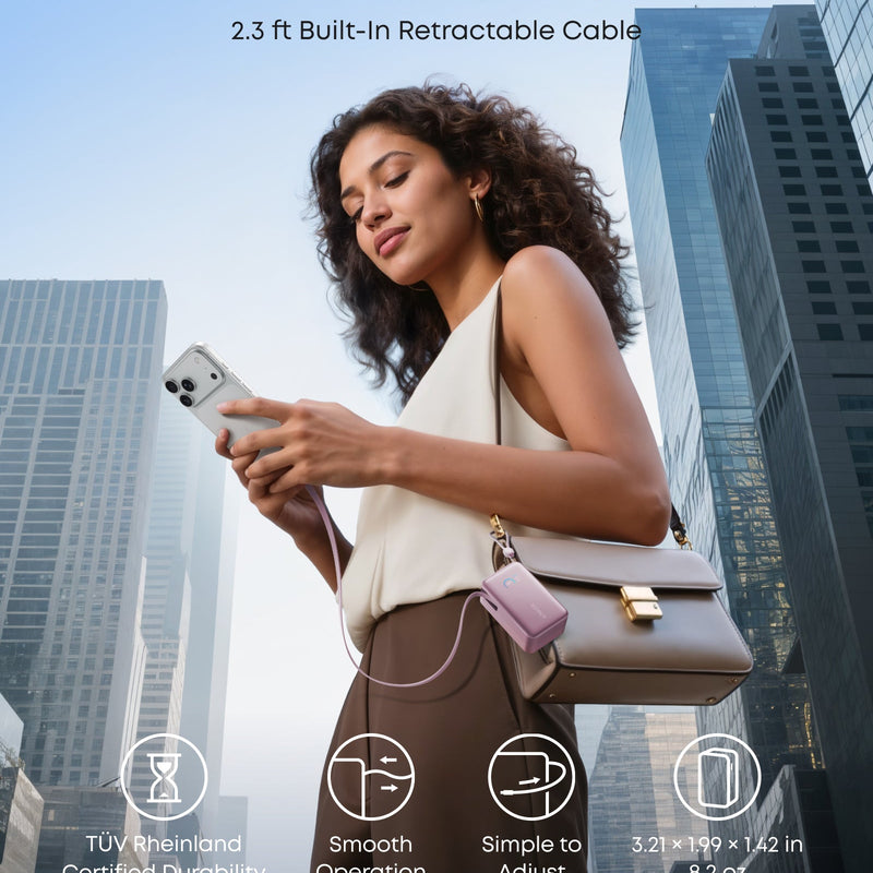 White Anker Nano 10K power bank with 45W output and built-in retractable USB-C cable, compact portable charger for devices.
