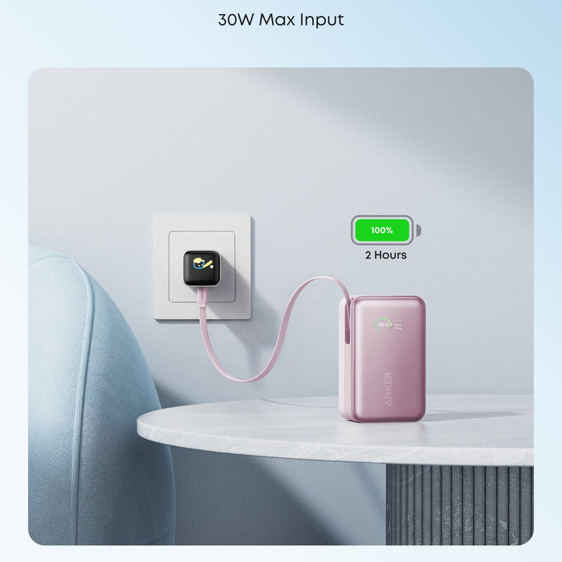 White Anker Nano Power Bank with 10,000mAh capacity, 45W charging, and built-in retractable USB-C cable for portable charging.