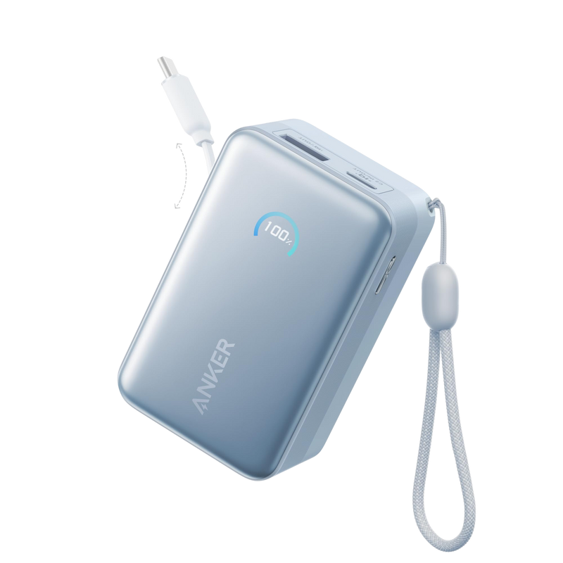 Anker Nano Power Bank 10K with 45W output in white, featuring a built-in retractable USB-C cable for portable charging.