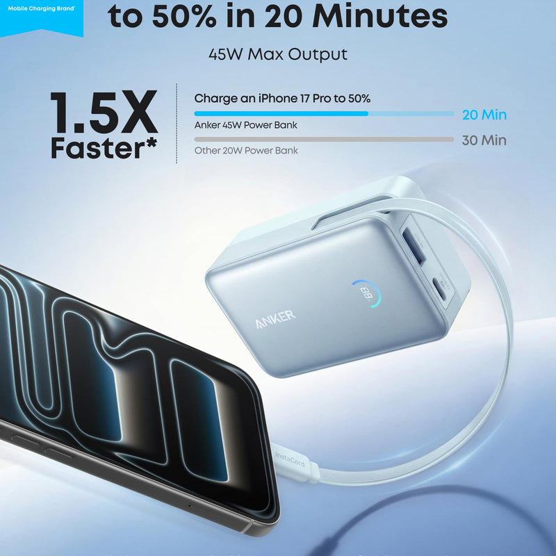 Anker Nano Power Bank 10K with 45W output and built-in retractable USB-C cable, white portable charger for smartphones and devices.