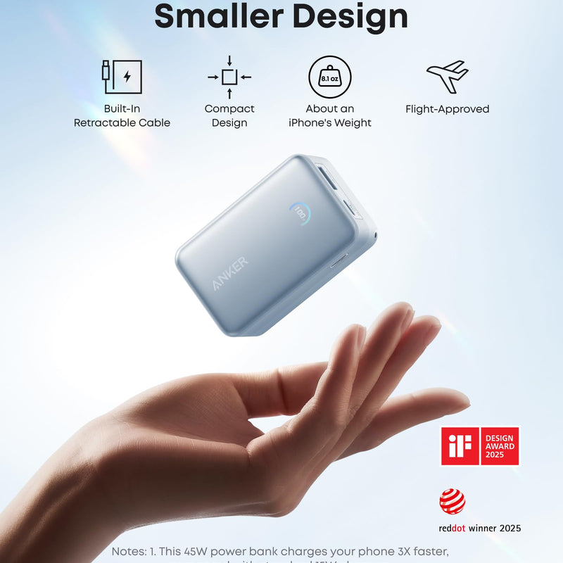 Anker Nano Power Bank 10K with 45W fast charging and built-in retractable USB-C cable, shown in white color.