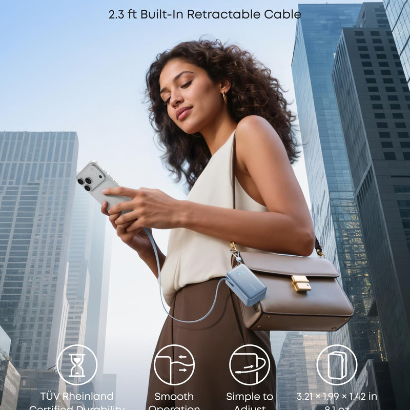Anker Nano power bank in white with 10,000mAh capacity, 45W charging, built-in retractable USB-C cable, compact portable design
