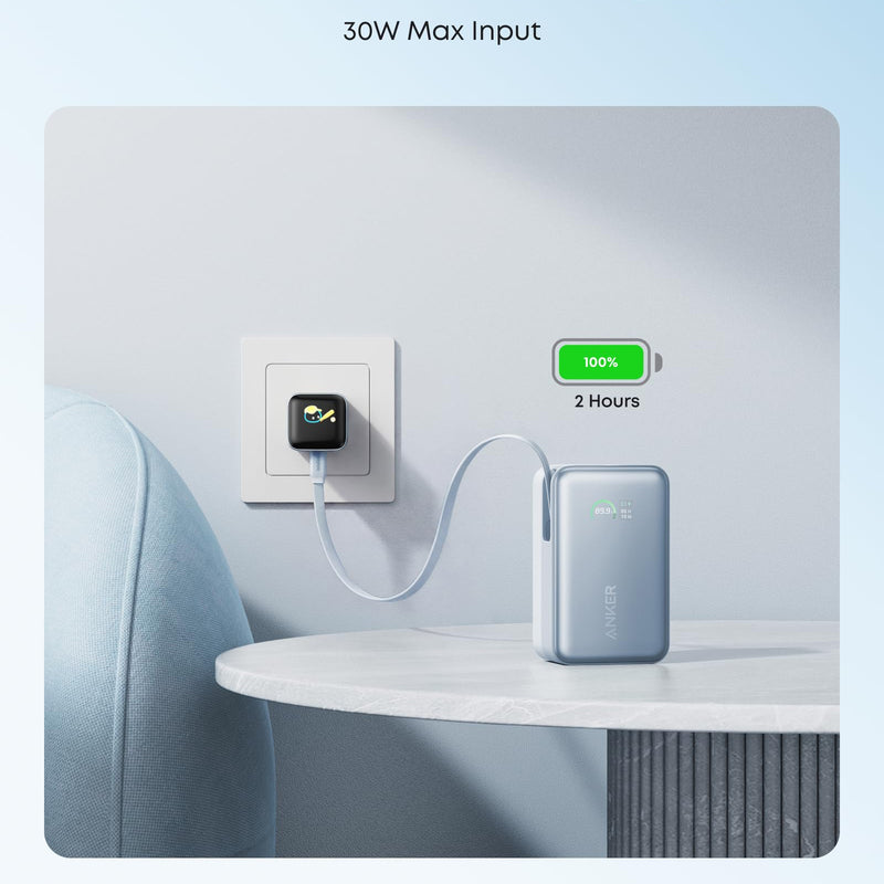 Anker Nano Power Bank 10K with 45W output and built-in retractable USB-C cable, compact white portable charger.