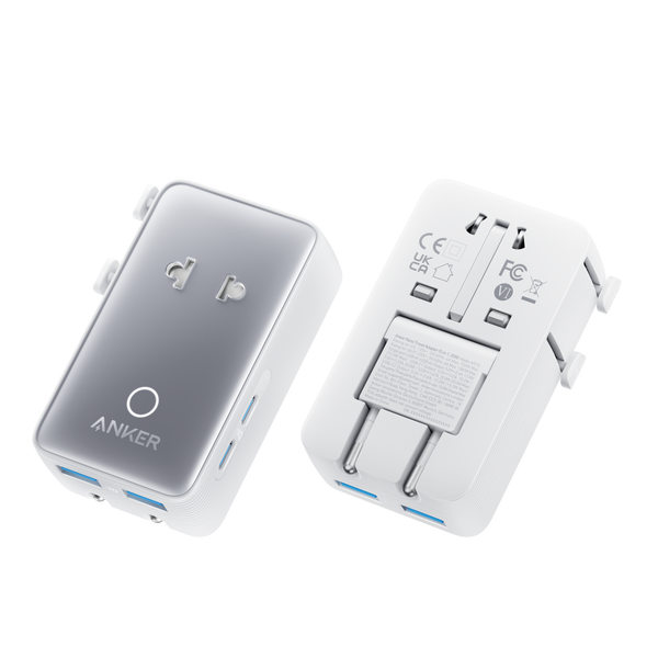 Anker Nano 5-in-1 Travel Adapter in white with multiple USB ports and compact design for charging devices on the go