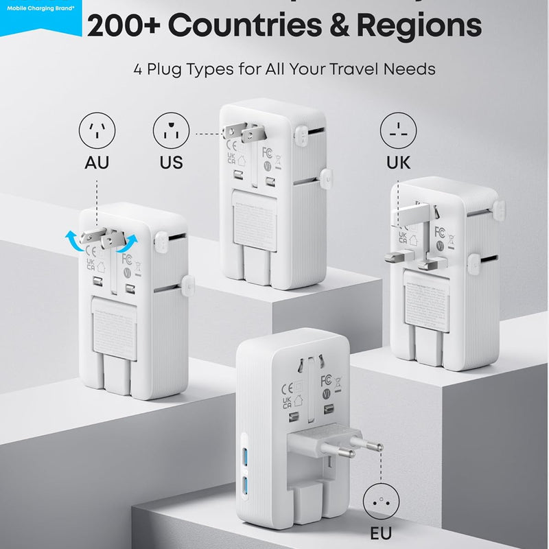 Anker Nano 5-in-1 travel adapter in white with multiple ports, 20W power, compact design for versatile device charging