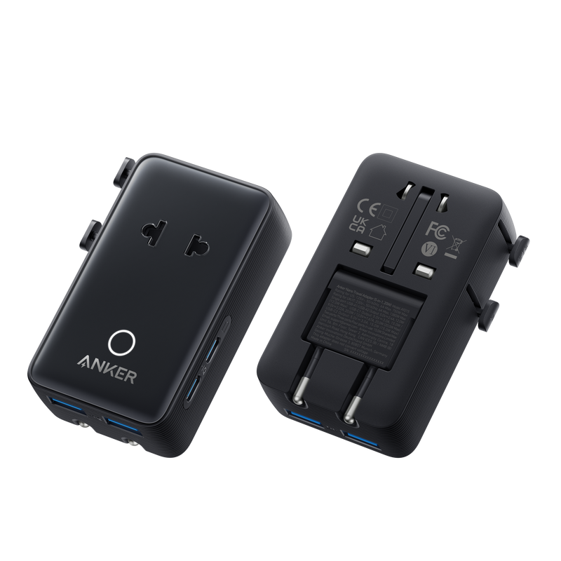 Anker Nano 5-in-1 travel adapter in white with multiple USB ports and power outlets, compact and portable for international travel.