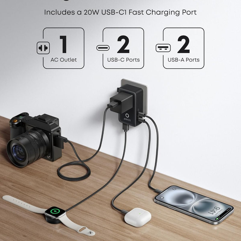 Anker Nano travel adapter 5-in-1 in white with multiple ports, compact 20W charger for smartphones and devices.