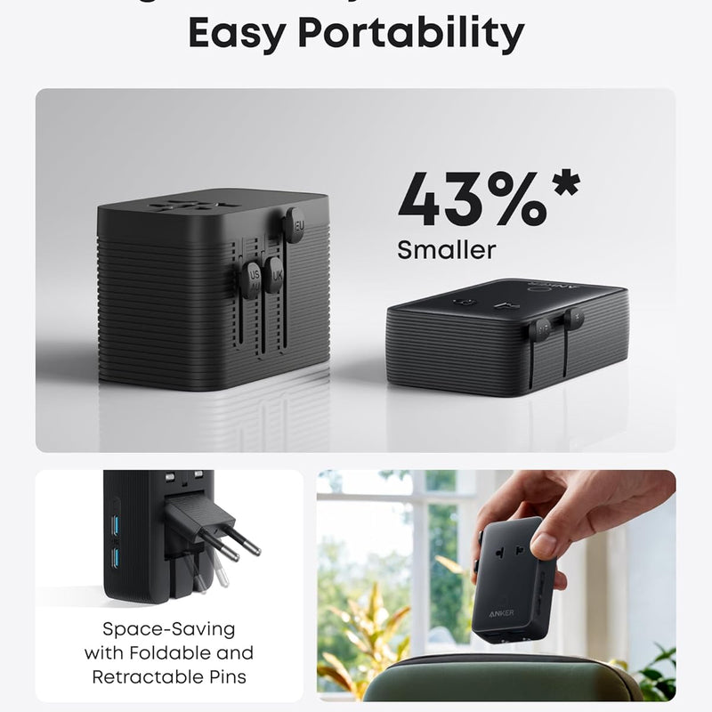 Anker Nano 5-in-1 travel adapter in white with multiple ports for charging devices, compact and portable design.
