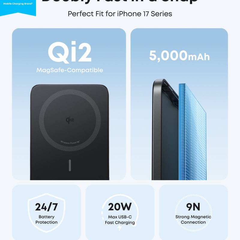 Black Anker Nano 5K MagGo Slim power bank with compact design, portable for charging devices on the go.