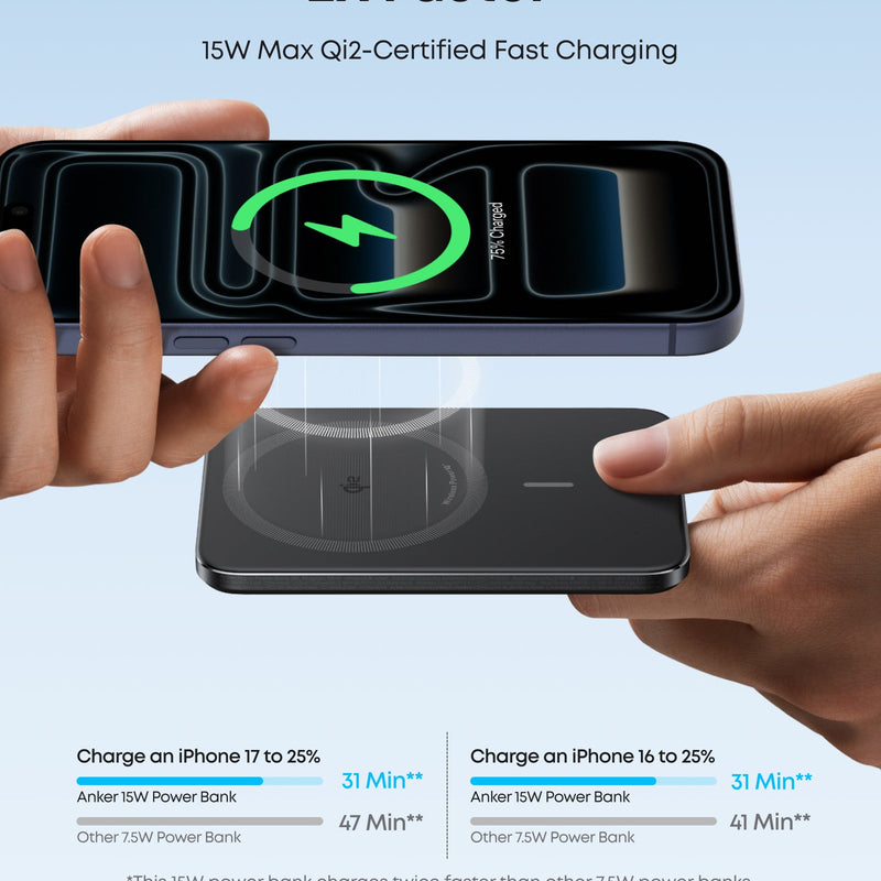 Black Anker Nano Power Bank 5K with MagGo and Slim design, portable portable USB-C power bank for on-the-go charging.