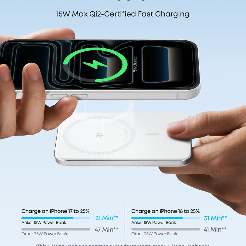 Black Anker Nano 5K Power Bank with MagGo, slim portable design, shown with charging ports and compact size for on-the-go use.