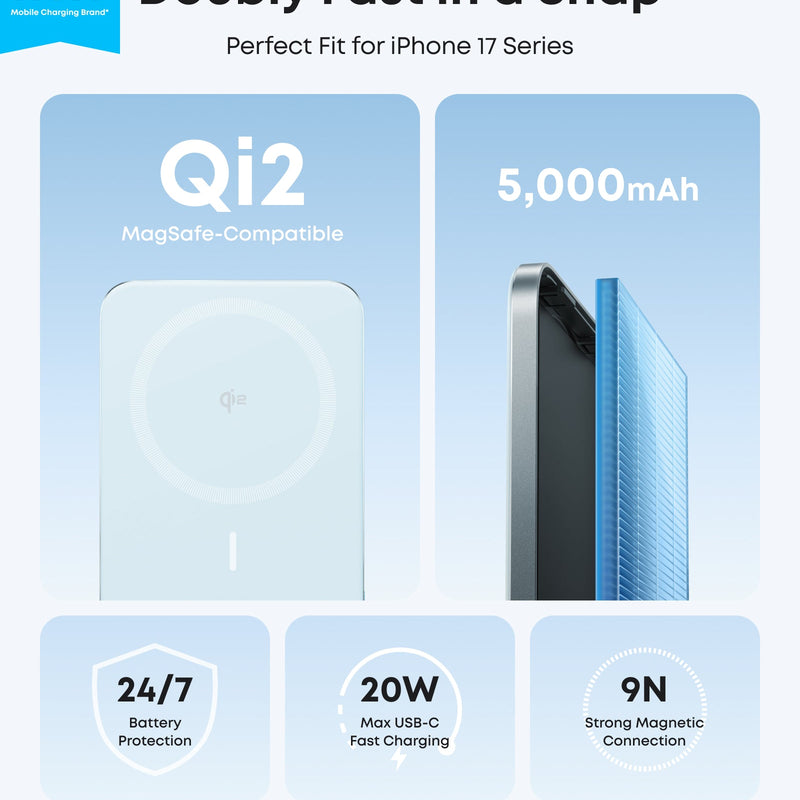 Black Anker Nano Power Bank 5K with MagGo, Slim design, portable rechargeable battery for smartphones and devices