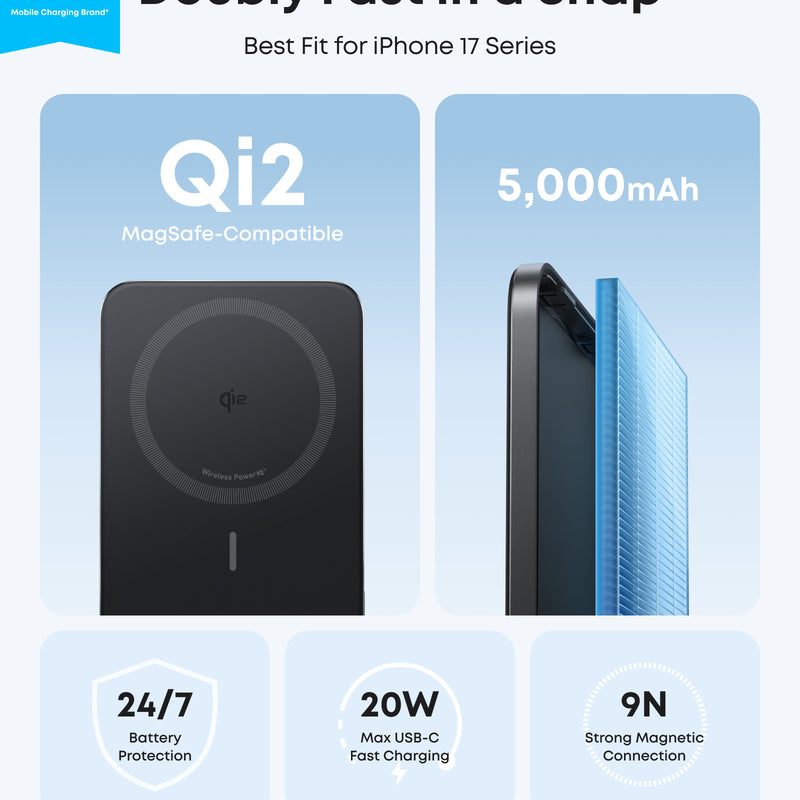 Black Anker Nano Power Bank 5K with MagGo and Slim design, compact portable charger for smartphones and devices.