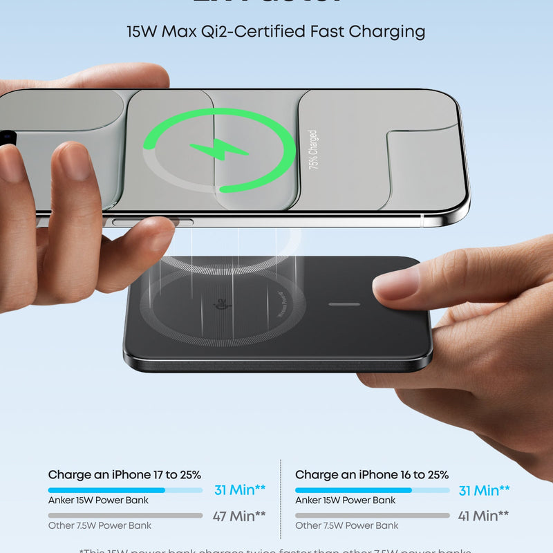 Black Anker Nano Power Bank 5K with MagGo and Slim design, compact portable charger for smartphones and devices.