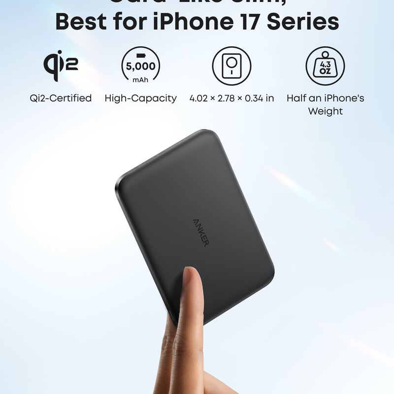 Black Anker Nano Power Bank 5K with MagGo and slim design, compact portable charger for smartphones and devices.