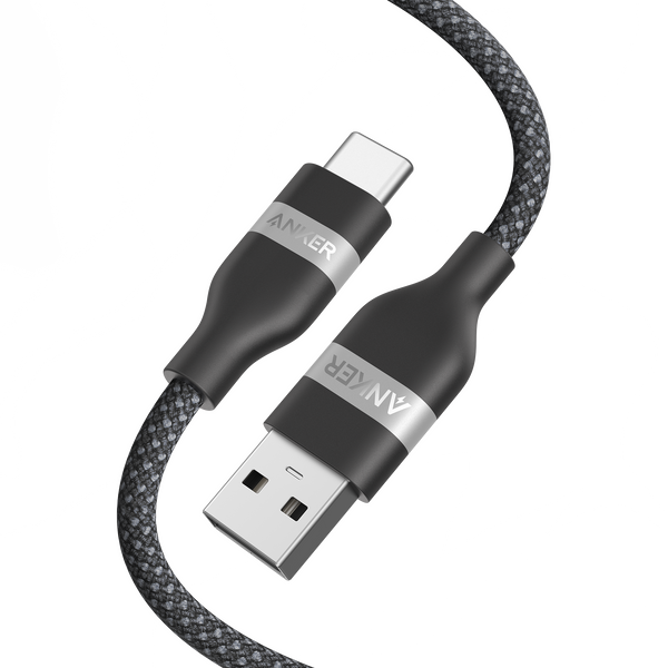 Anker USB-A to USB-C braided cable in black, available in 3 ft and 6 ft lengths, designed for durable charging and data transfer.