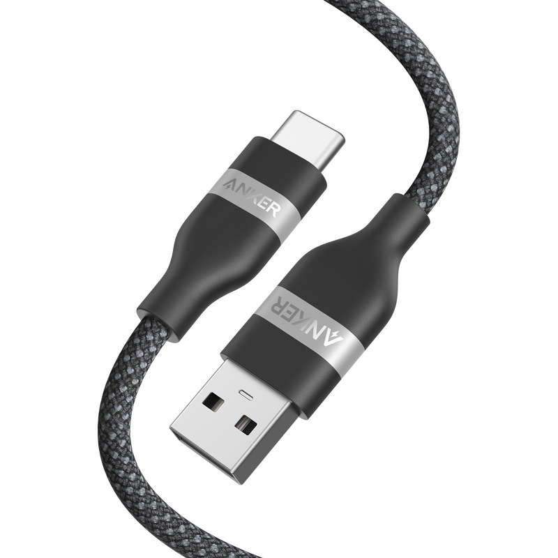 Anker USB-A to USB-C braided cable in black, available in 3 ft and 6 ft lengths, designed for durable charging and data transfer.