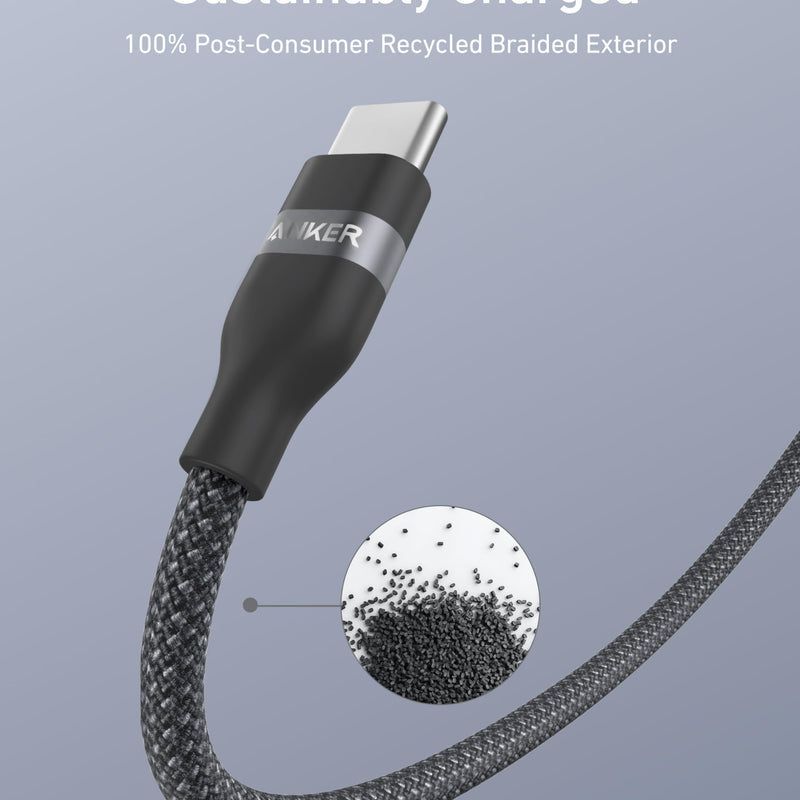 Anker USB-A to USB-C cable in black with upcycled braided design, available in 3 ft and 6 ft lengths for durable charging and data transfer.