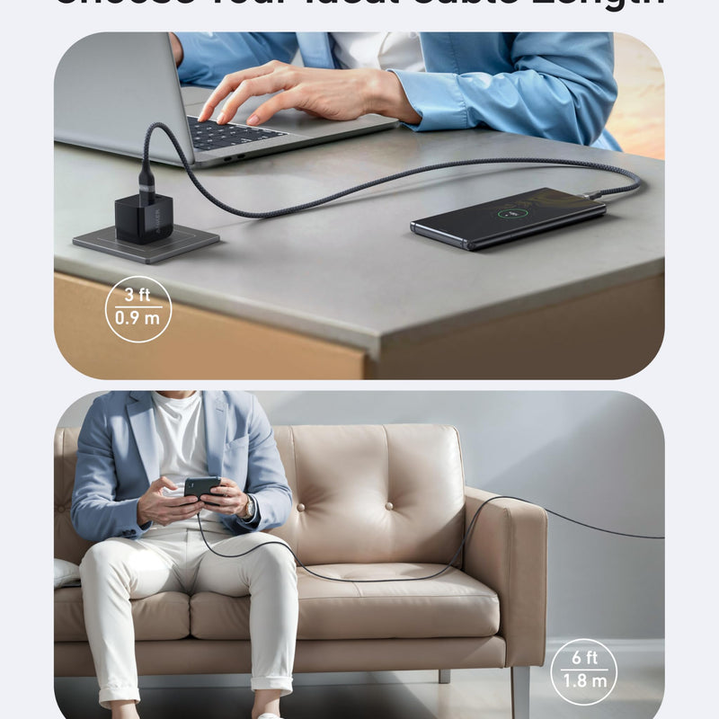 Anker USB-A to USB-C braided charging cable in black, available in 3 ft and 6 ft lengths, made from upcycled materials.
