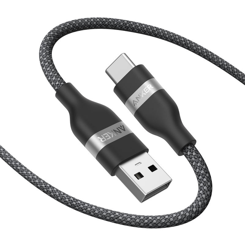 Anker USB-A to USB-C braided charging cable in black, available in 3 ft and 6 ft lengths, made from upcycled materials.