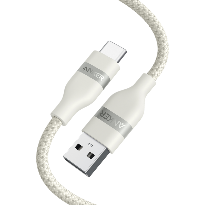Anker USB-A to USB-C cable in black, 3 ft or 6 ft, braided upcycled design for durable device charging and data transfer.