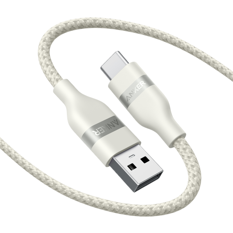 Anker upcycled braided USB-A to USB-C cable in black, available in 3 ft and 6 ft lengths for fast device charging and data transfer.