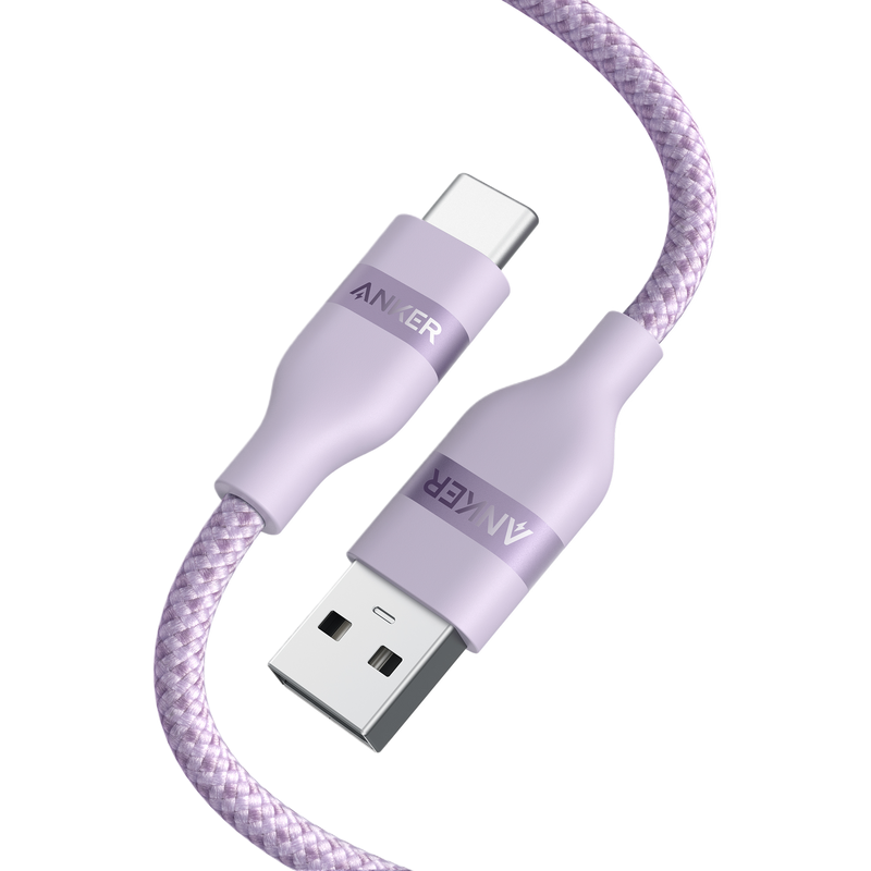 Anker USB-A to USB-C braided cable in black, available in 3 ft and 6 ft lengths, upcycled and durable for charging and data transfer.