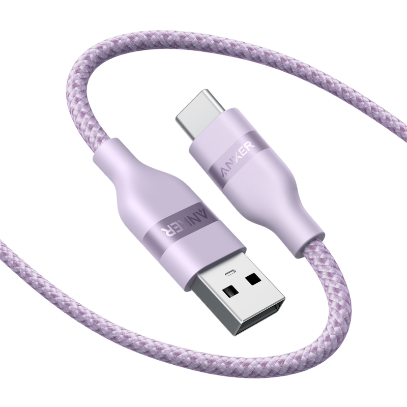 Anker USB-A to USB-C braided cable in black, available in 3 ft and 6 ft lengths, upcycled and durable for charging and data transfer.