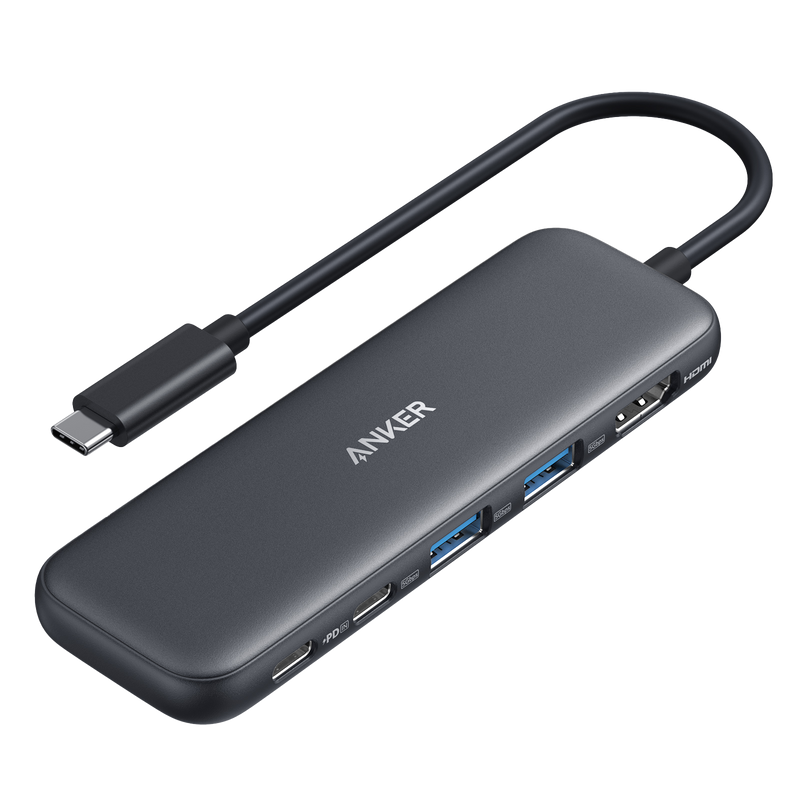 Anker 332 5-in-1 USB-C Hub in black showing multiple ports including HDMI, USB-A, and SD card slot for versatile connectivity.