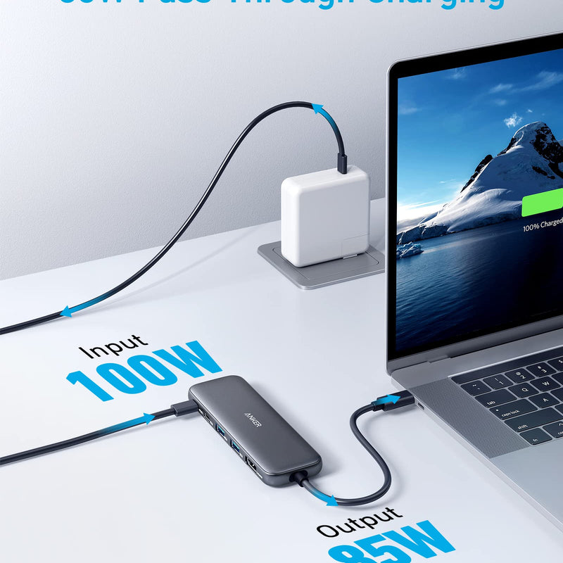 Black Anker 332 USB-C Hub 5-in-1 with multiple ports, including HDMI, USB-A, and SD card slot, for versatile connectivity.