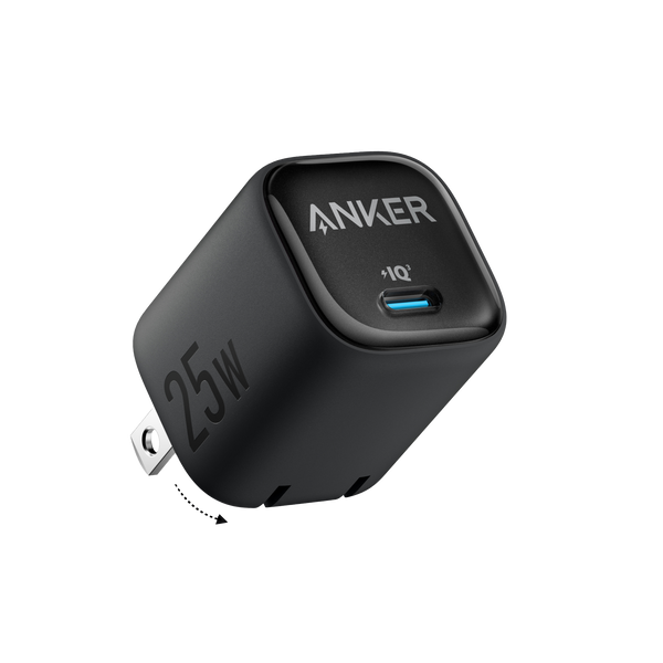 Black Anker 25W compact charger with USB-C port, shown on a white background, designed for fast and portable device charging.