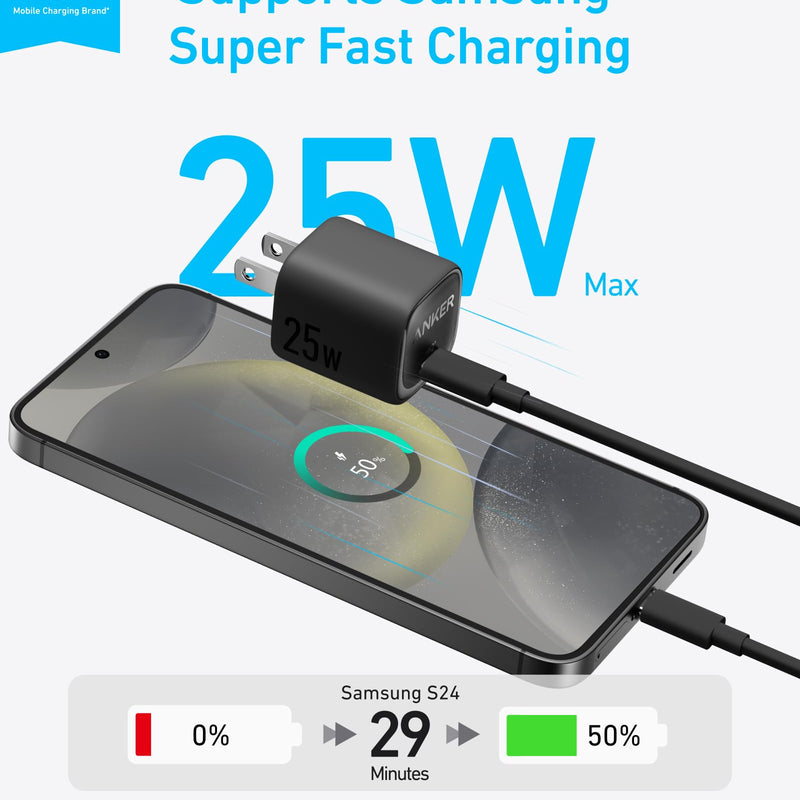 Black Anker 25W compact charger with USB-C port, portable power adapter for fast charging devices.