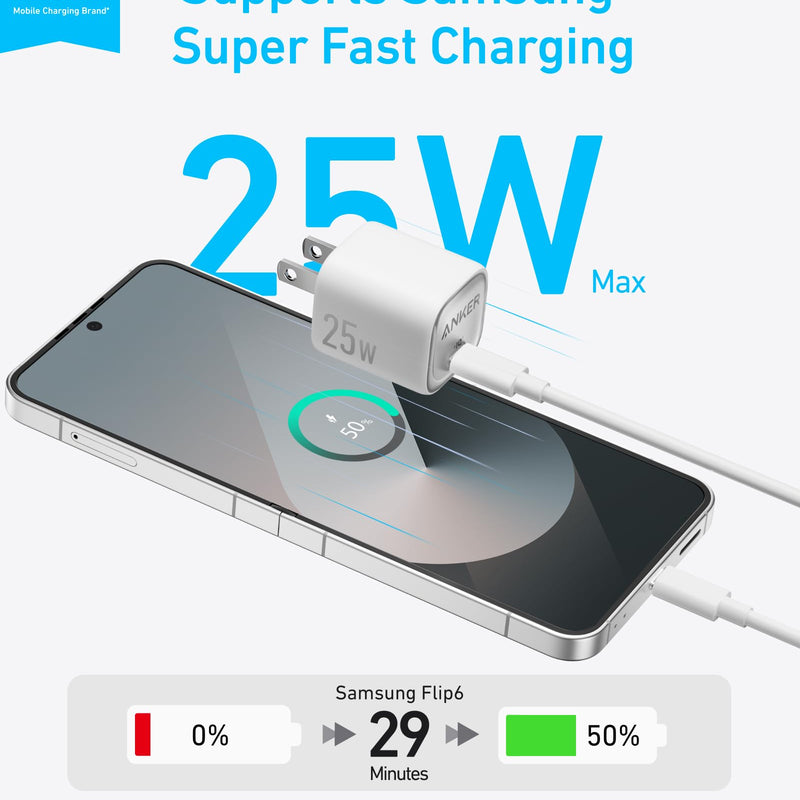 Black Anker 25W compact charger with USB-C port, designed for fast and portable charging of compatible devices.