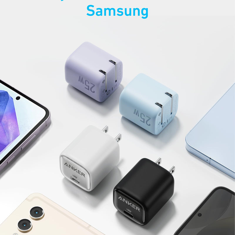 Black Anker 25W compact charger with USB-C port, designed for fast charging and portable use.