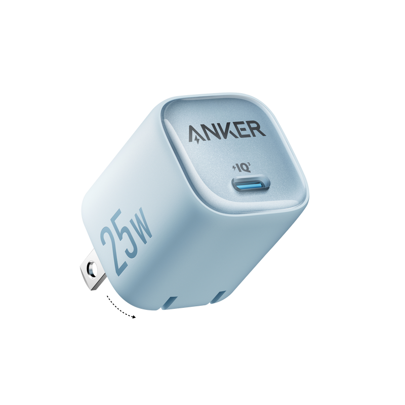 Black Anker 25W compact charger with foldable prongs, designed for fast charging smartphones and devices.