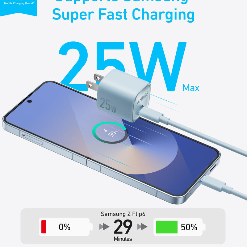 Black Anker 25W compact charger with USB-C port, designed for fast and efficient charging of devices.