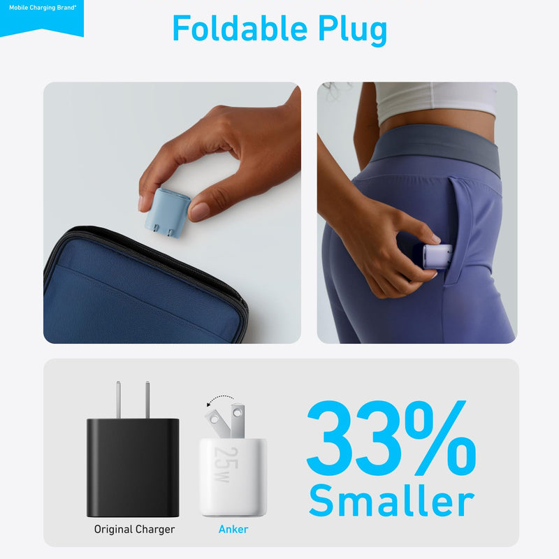 Black Anker 25W compact charger with USB-C port, shown connected to a device for fast charging.