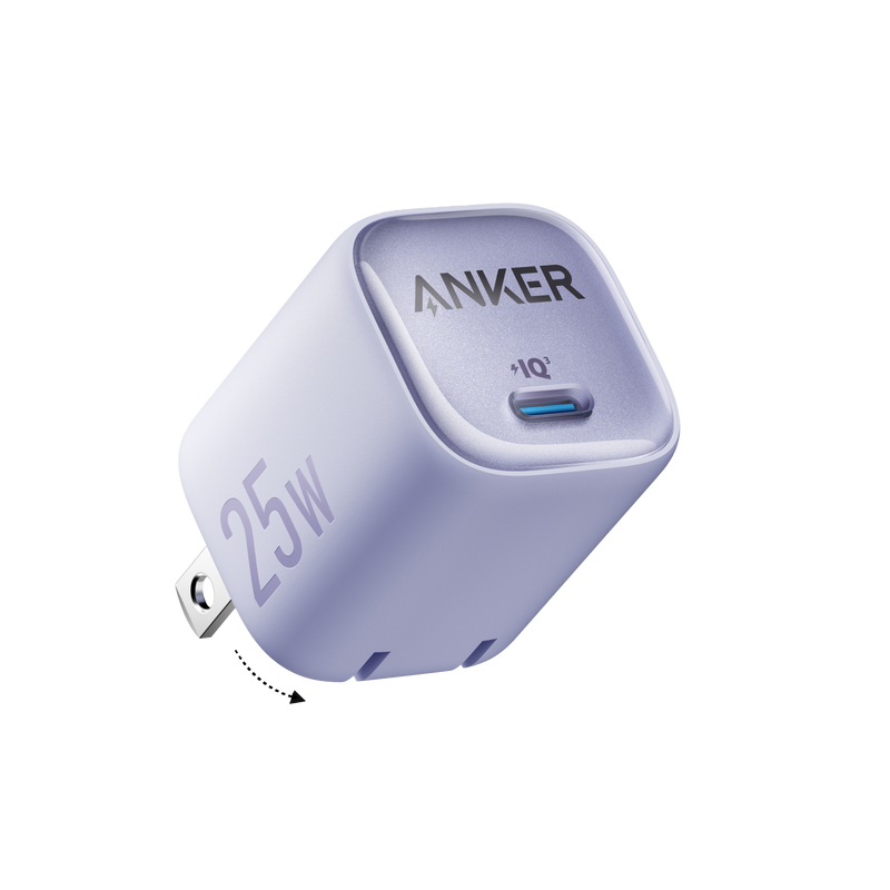 Black Anker 25W compact USB-C charger with foldable prongs for fast and efficient device charging.