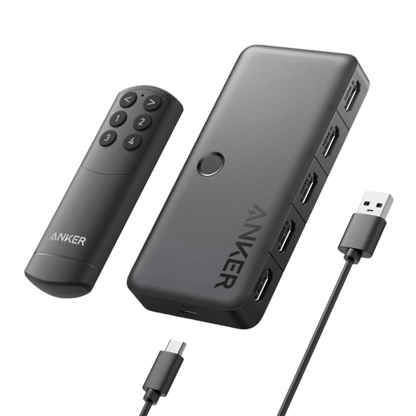 Black Anker HDMI switch with 4 input ports and 1 output, supports 4K resolution for seamless device switching.