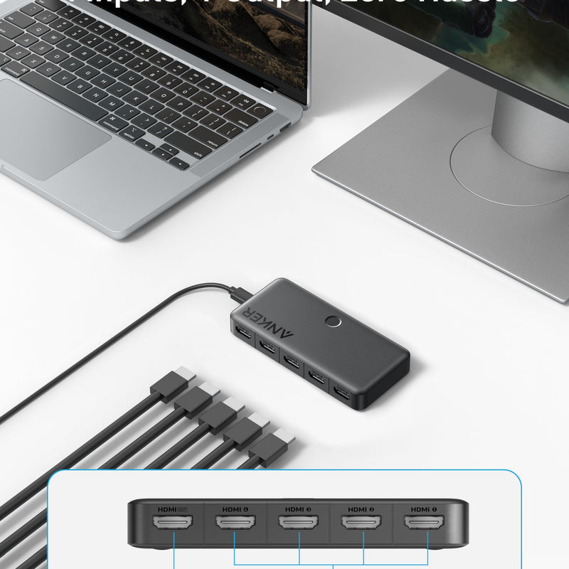 Anker HDMI switch with four input ports and one output, supports 4K resolution, black color, compact design.