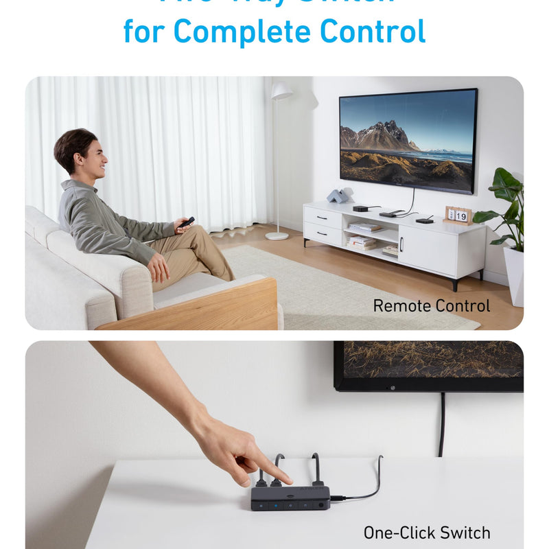 Anker HDMI switch with 4 input ports and 4K HDMI output, black color, showing the device with connected cables.