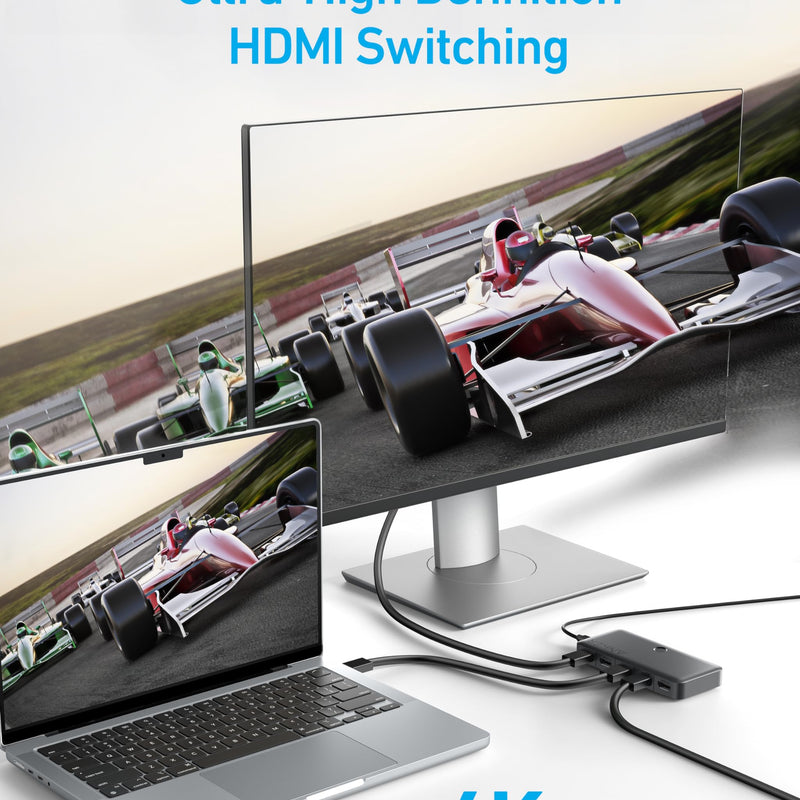 Black Anker HDMI switch with 4 input ports and 4K HDMI output, compact device for seamless multiple device connectivity