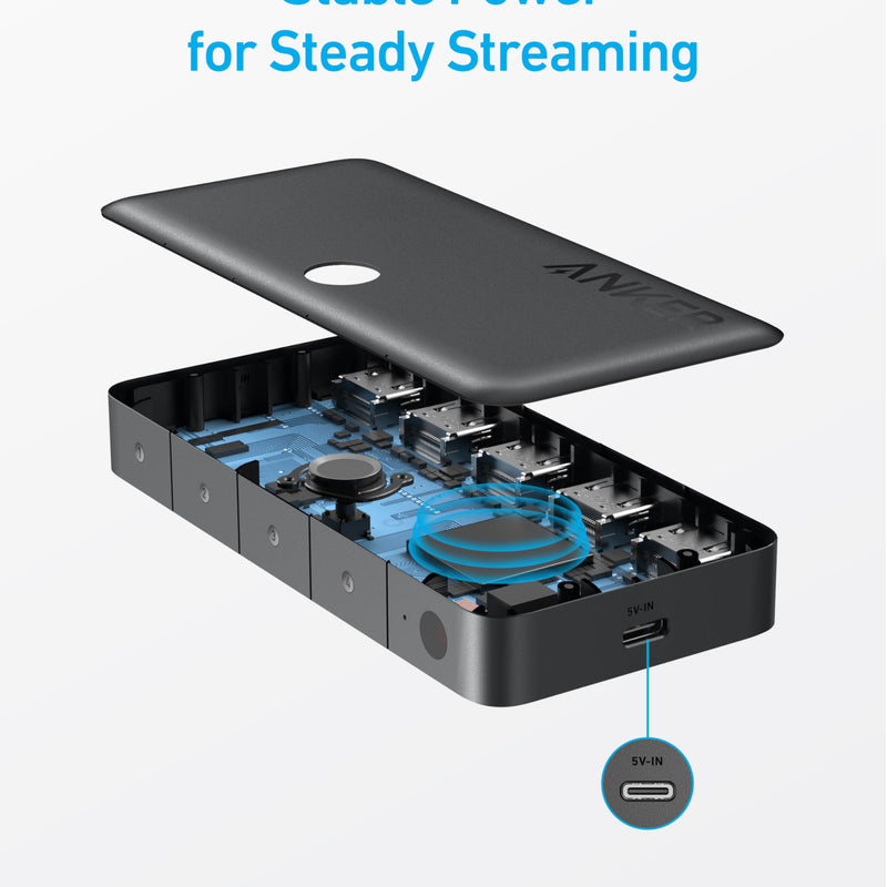 Anker 4-in-1 HDMI switch in black for 4K displays, showing multiple HDMI ports and cable connections.