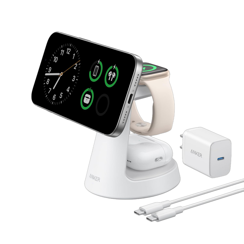 Anker MagGo 3-in-1 wireless charging station with dock stand for iPhone, Apple Watch, and AirPods in black.
