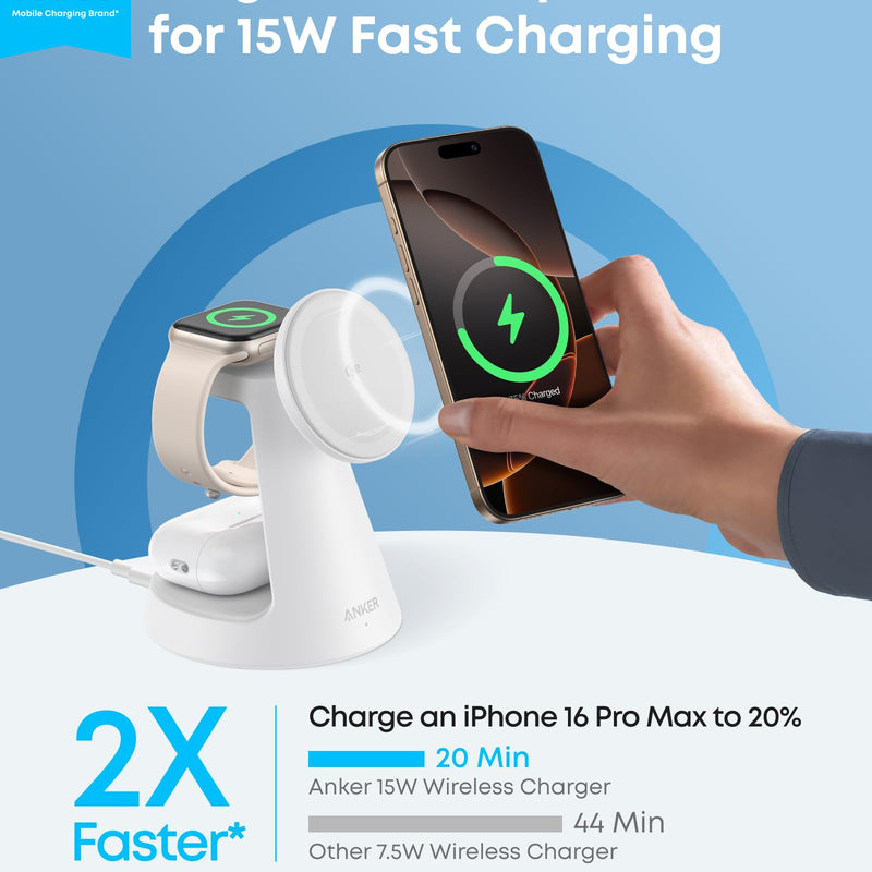 Anker MagGo 3-in-1 wireless charging station with dock stand in black, charging smartphone, smartwatch, and earbuds simultaneously.