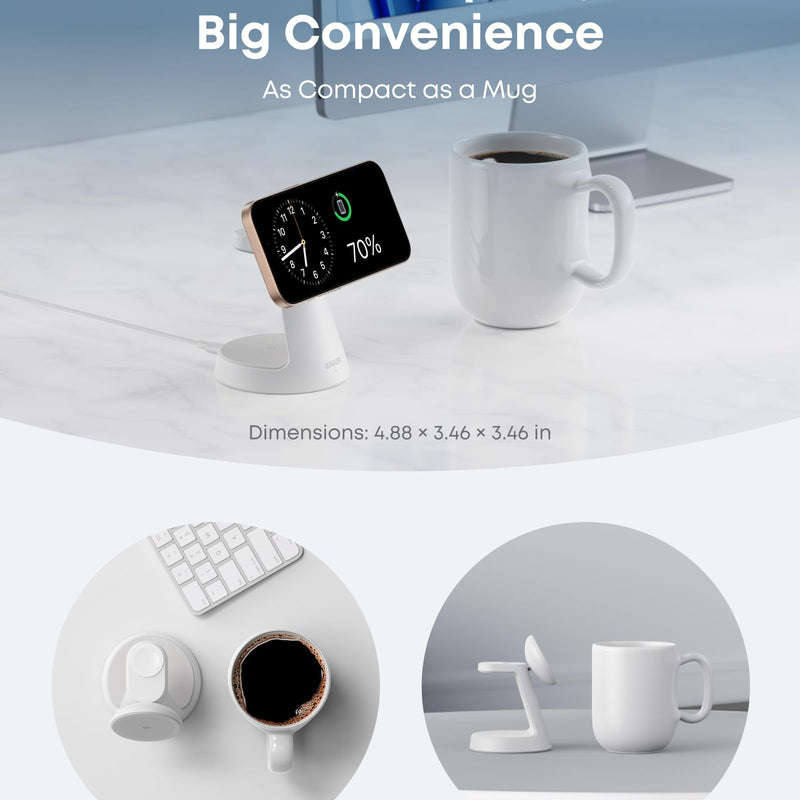 Black Anker MagGo 3-in-1 wireless charging station with dock stand for charging phone, smartwatch, and earbuds simultaneously.