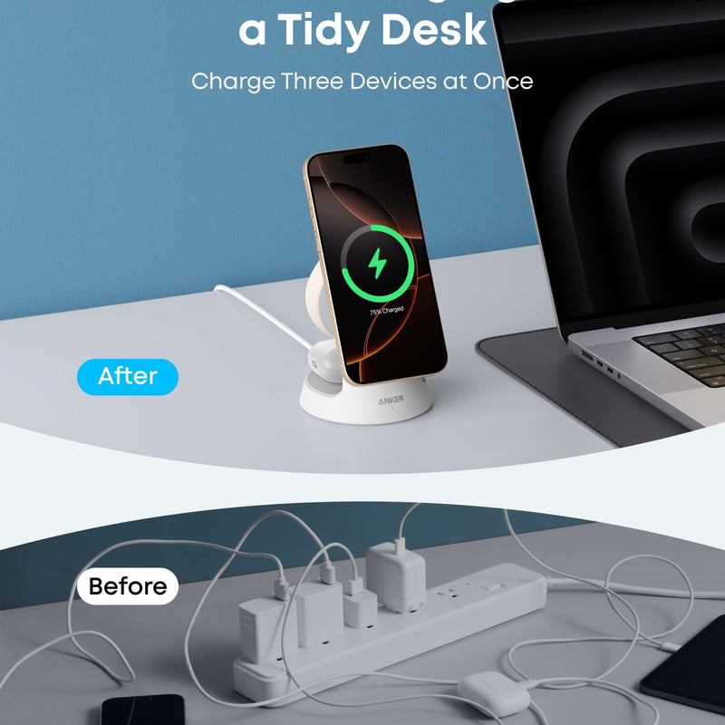 Anker MagGo 3-in-1 wireless charging station with dock stand in black, charging a smartphone, smartwatch, and wireless earbuds.
