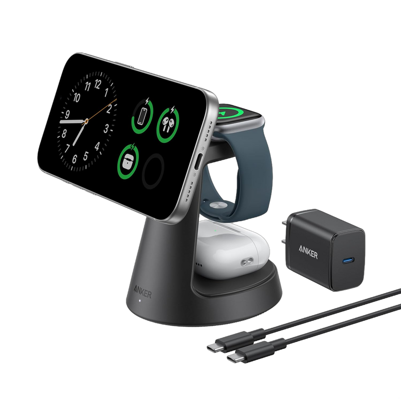 Anker MagGo 3-in-1 wireless charging station with black dock stand for smartphones, earbuds, and smartwatches.