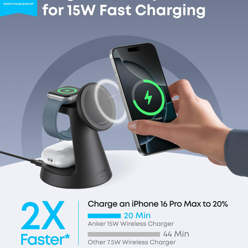 Anker MagGo 3-in-1 wireless charging station with dock stand for iPhone, Apple Watch, and AirPods in black.