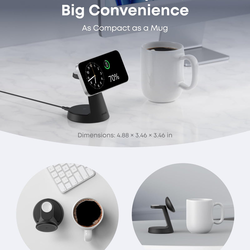 Anker MagGo wireless charging station 3-in-1 dock stand with black finish for charging smartphones, smartwatch, and AirPods.